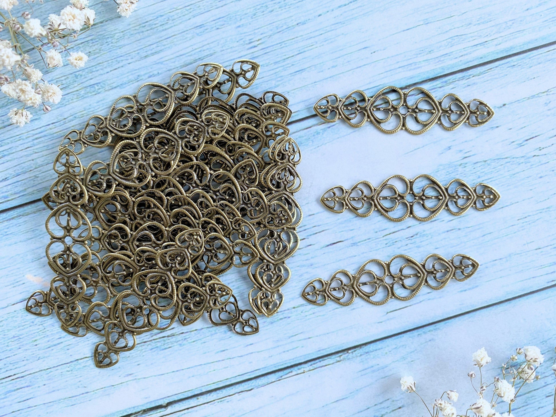 6pcs Filigree Stampings Heart Jewelry Connectors