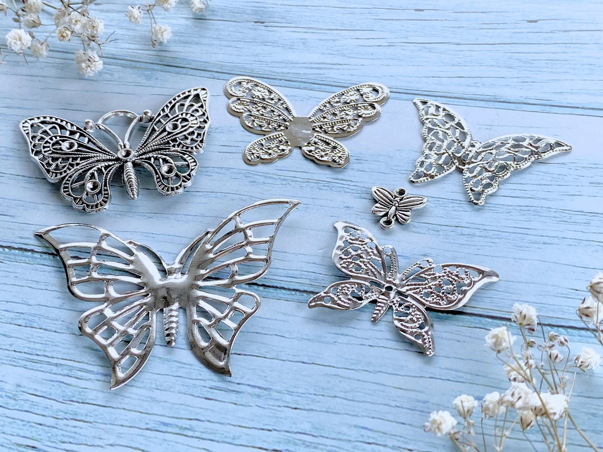 Filigree 6pcs Set Butterfly Filigree Silver Charm Pendants Vialysa